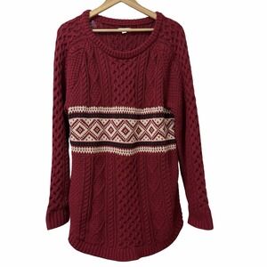 LL Bean Signature Womens Heavy Cable Knit Tunic Sweater Size M Red Fisherman
